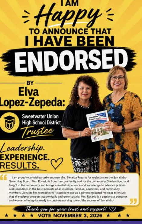 Elva Lopez-Zepeda, Sweetwater Union High School District Trustee, endorses Zenaida Rosario